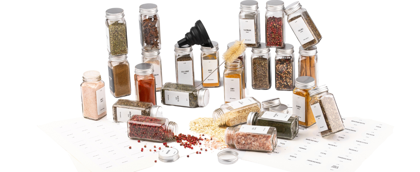 Набір скляних банок для спецій Deco haus® (36 шт.) з кришками, етикетками та ситами