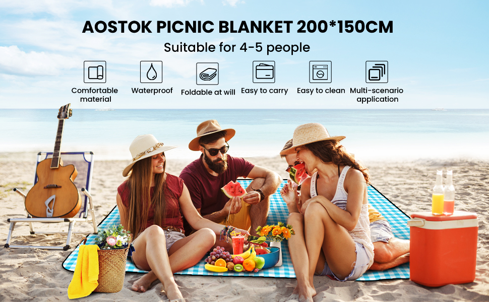 AOSTOK Плед для пікніка, пляжний килимок, вологостійкий з ручкою, 200x150 см, блакитний