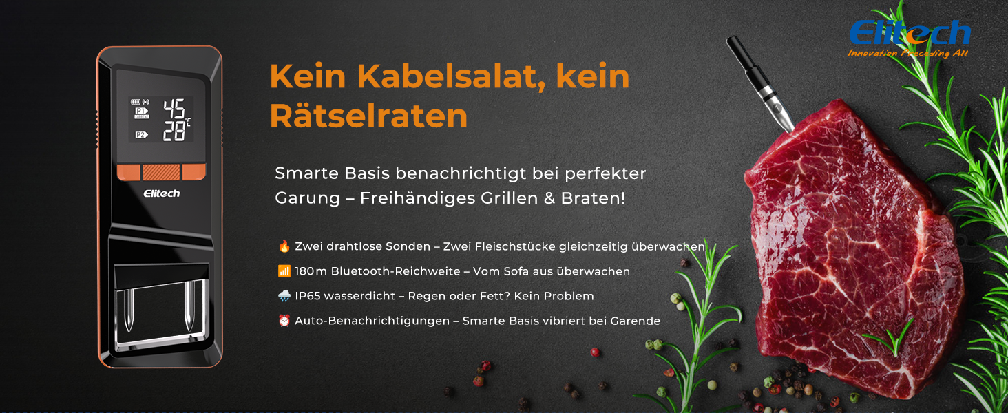 Bluetooth термометр для м'яса Elitech з двома зондами, IP67, 0-300°C, для гриля, духовки, ротисерії, фритюрниці, кухні