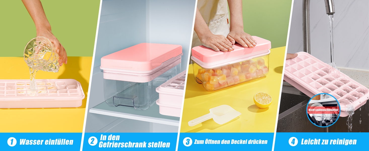 Форма для льоду PHINOX на 64 кубики з контейнером, кришкою та лопаткою, BPA-free, рожева