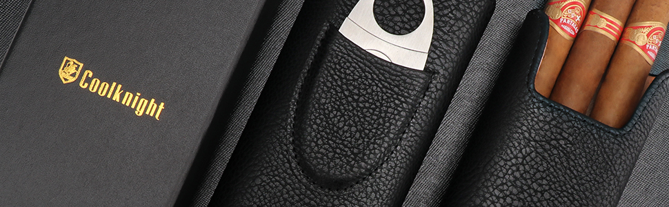 Чохол для сигар COOL KNIGHT з натуральної шкіри, з підкладкою з кедру, для подорожей, з нержавіючою сталею та різаком для сигар, подарункова коробка для поціновувачів сигар (Чорний)