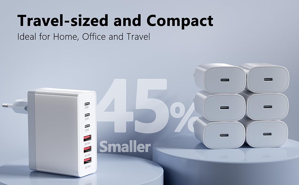 Зарядний пристрій USB-C 50W, 5 портів: 2 USB-C та 3 USB-A, швидка зарядка PD 3.0 для iPhone, Samsung, телефонів, планшетів (Сірий)