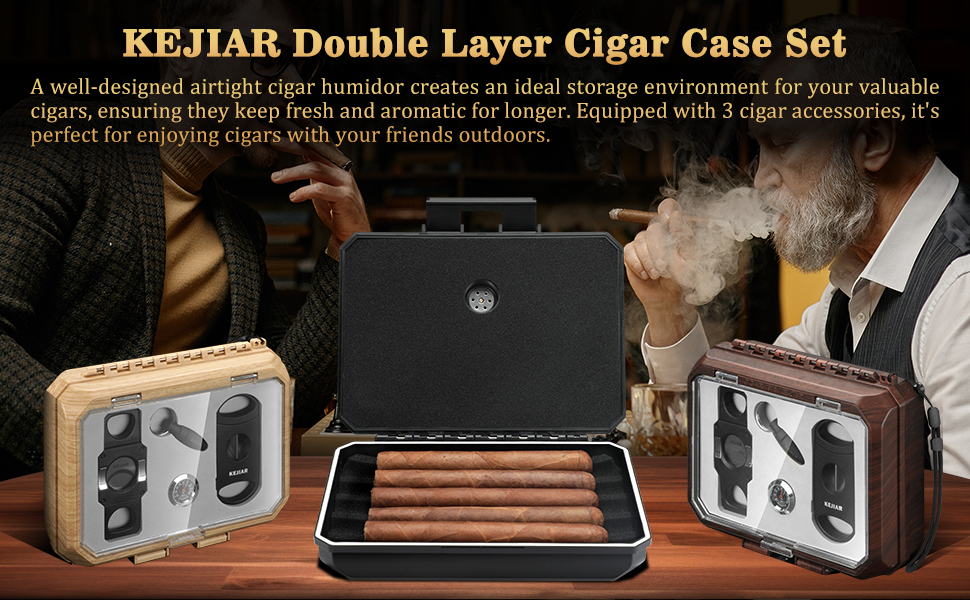 KEJIAR Вологостійкий футляр для сигар з набором інструментів: різець V-подібний, різець Straight Cut, штамп. Чорний