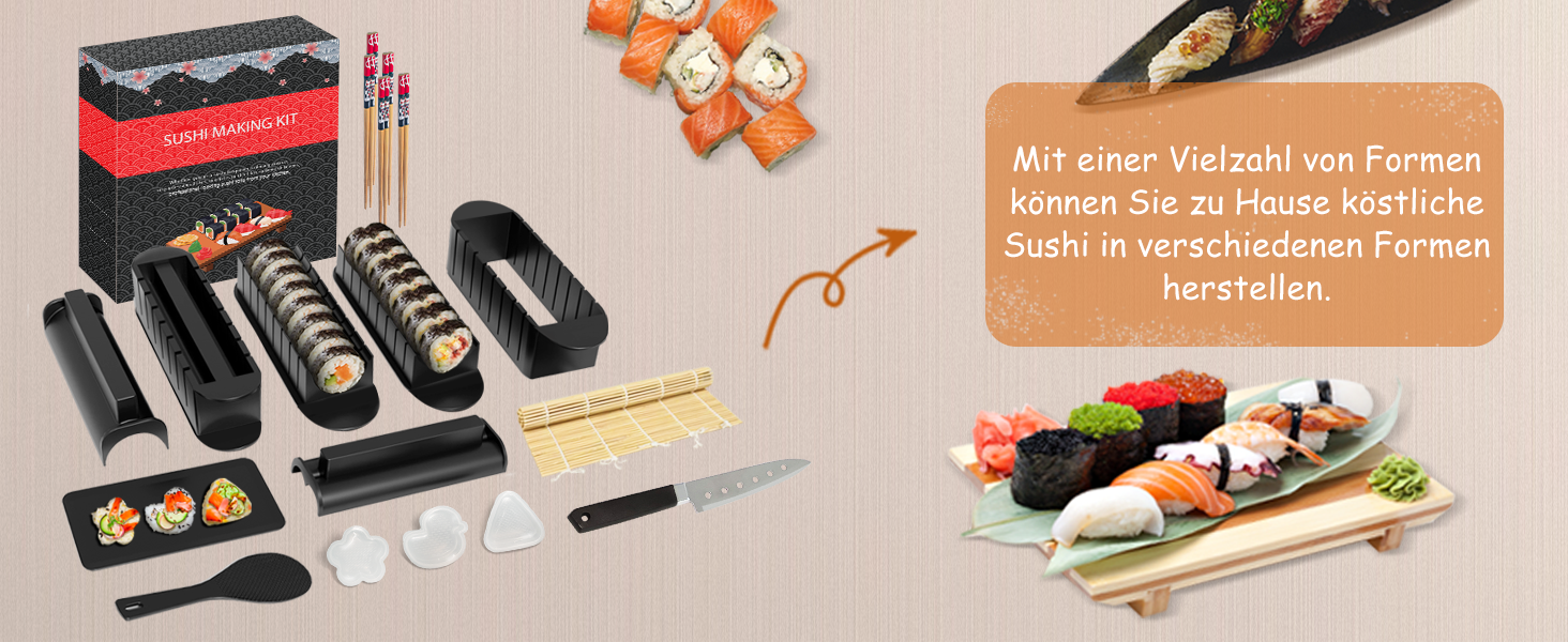 Набір для приготування суші Ninger Sushi Maker Set Deluxe Edition: 20 предметів для початківців з роликом, формами для ролів, ножем та палочками – повний комплект (чорний)