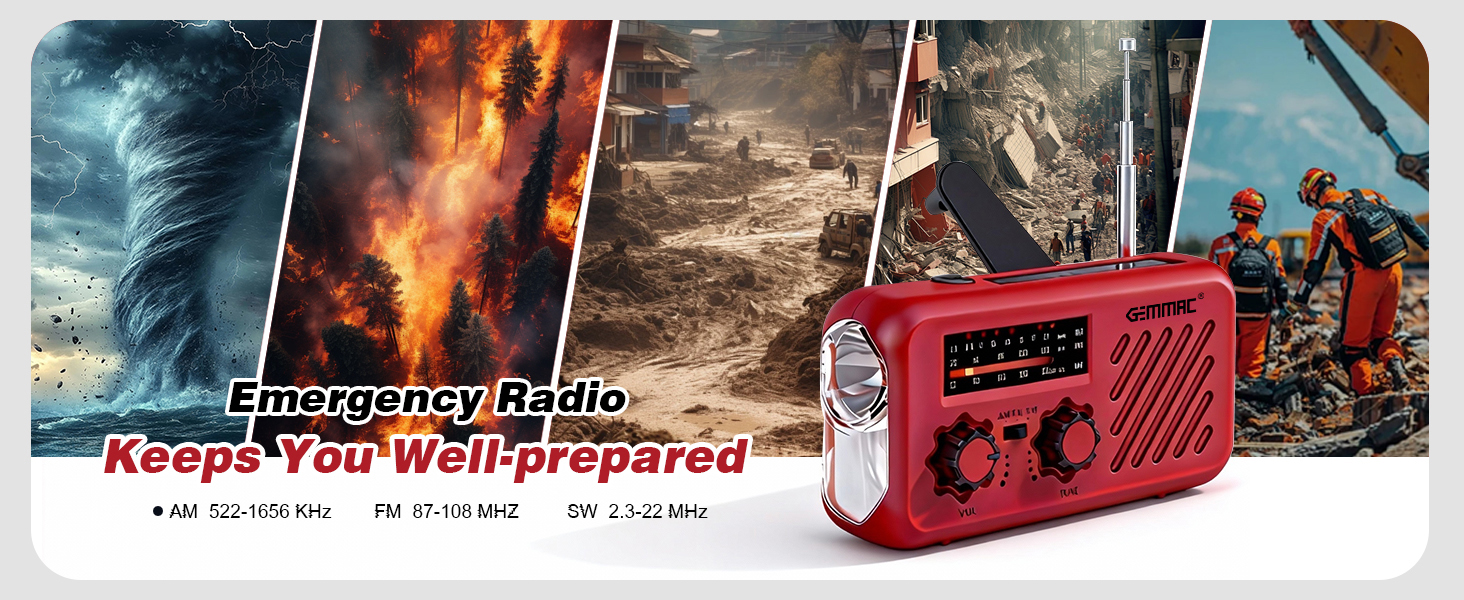 Радіоприймач Kurbelradio з навушниками, AM/FM/SW, сонячне аварійне радіо, 2000mAh Power Bank, радіо на батарейках, будівельне радіо з всесвітнім приймачем, ліхтарик SOS для аварійного обладнання 297-Red