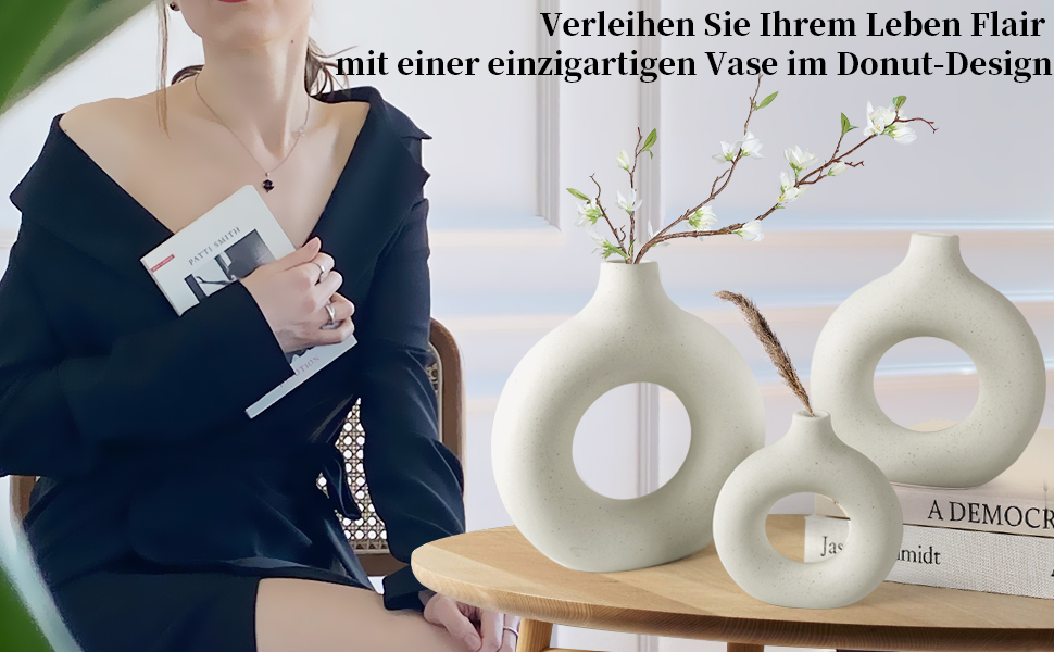Large Ceramic Doughnut Vase for Pampas Grass - Modern Boho Round Vase for Home & Office Decor