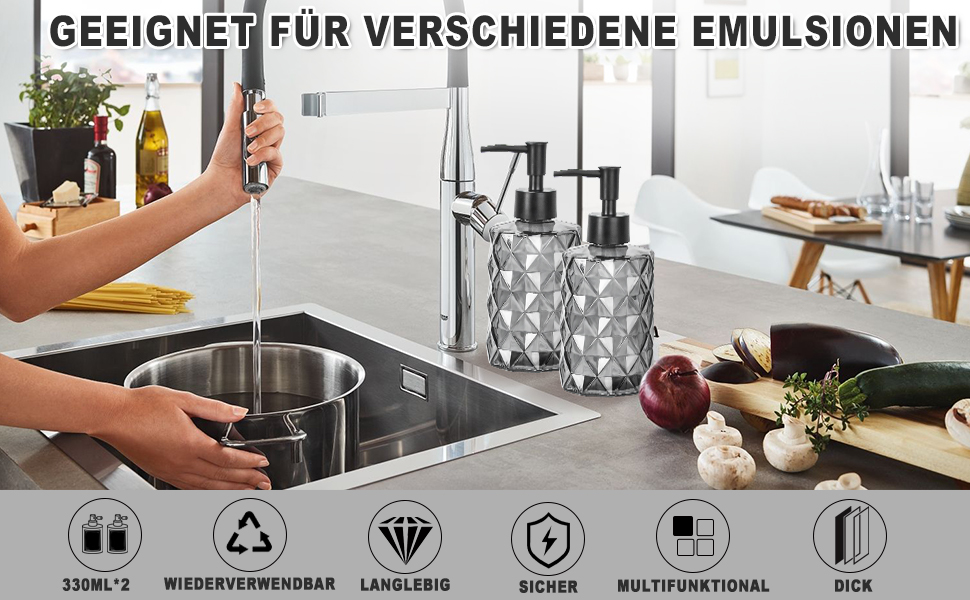 Дозатор мила чорний, скляний дозатор для ванної кімнати, наповнюваний дозатор з нержавіючою сталею, 2 підставки, 330 мл, вінтажний дизайн