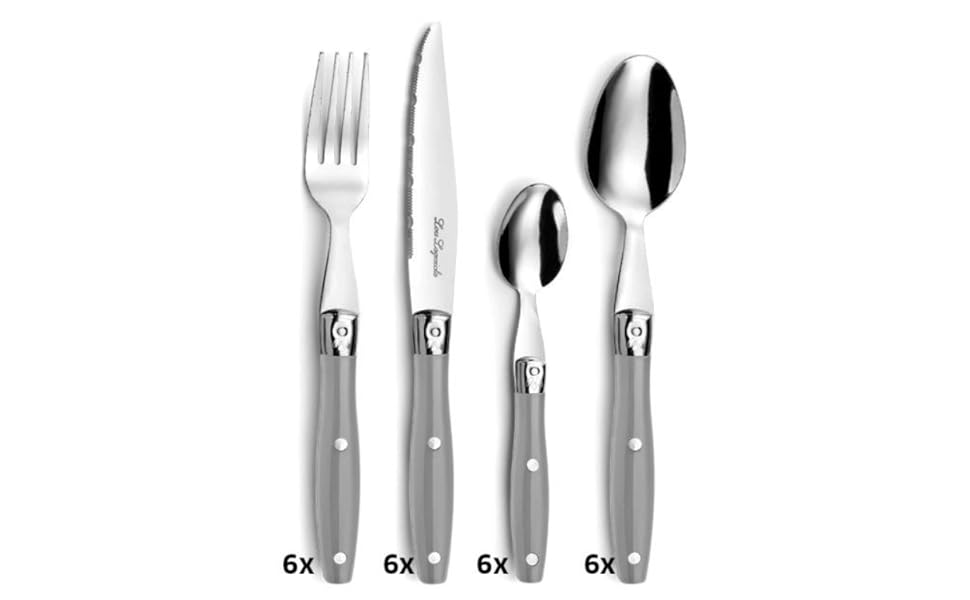 Набір ножів для стейка Laguiole 24 шт. | Набір столових приборів на 6 осіб | Столові ножі з хвилястим лезом (Темно-сірий)