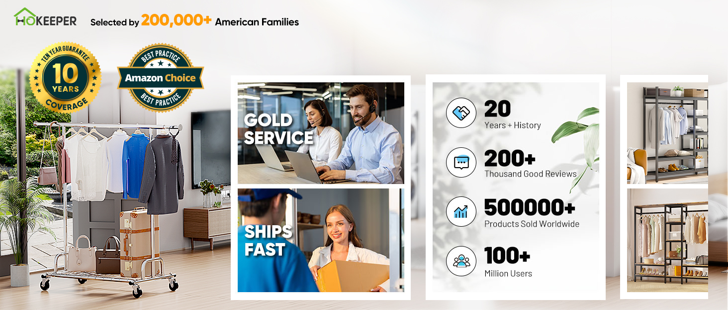 Стійка для одягу HOKEEPER для важких навантажень, до 181 кг, висувна штанга на роликах, міцна подвійна рейка, срібна D001