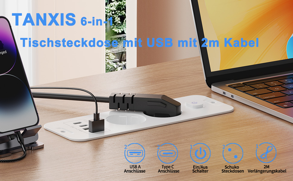 Мережевий фільтр 5-портовий з індивідуальним вимикачем, розгалужувач з 2 USB-A та 2 USB-C, мережева розподільча коробка з вимикачем, мережевий фільтр настінний з 2м кабелем, PD 20W - (2 розетки, 4 USB, білий)