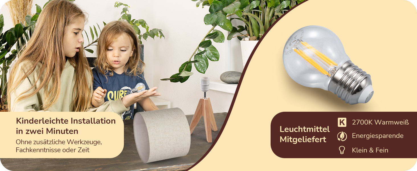 Настільна лампа EDISHINE, 2 шт. у наборі, дерев'яна, з абажуром кольору бежевого льону, цоколь E27, з лампочкою, вінтажний стиль, для спальні, вітальні, подарунок