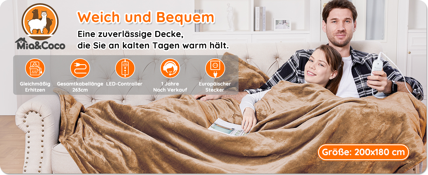 Електрична ковдра Mia&Coco з автовимкненням, 10 режимів нагріву, таймер до 9 годин, захист від перегріву, фланель, 200x180 см, бежева