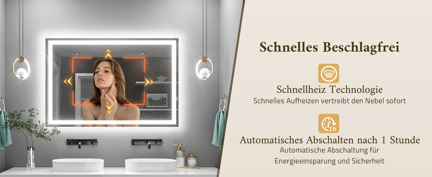 Дзеркало для ванної кімнати TETOTE з підсвічуванням 50x70 см, без рами, LED, сенсорне керування, 3 кольори, регулювання яскравості, пам'ять, 70 см x 50 см