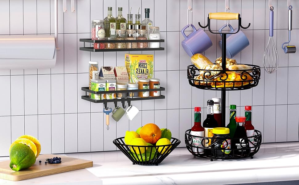 Двоярусний кошик для фруктів Couwilson з підвіскою для бананів та дерев'яною ручкою - органайзер для фруктів, овочів, хліба, цибулі, картоплі (Чорний)