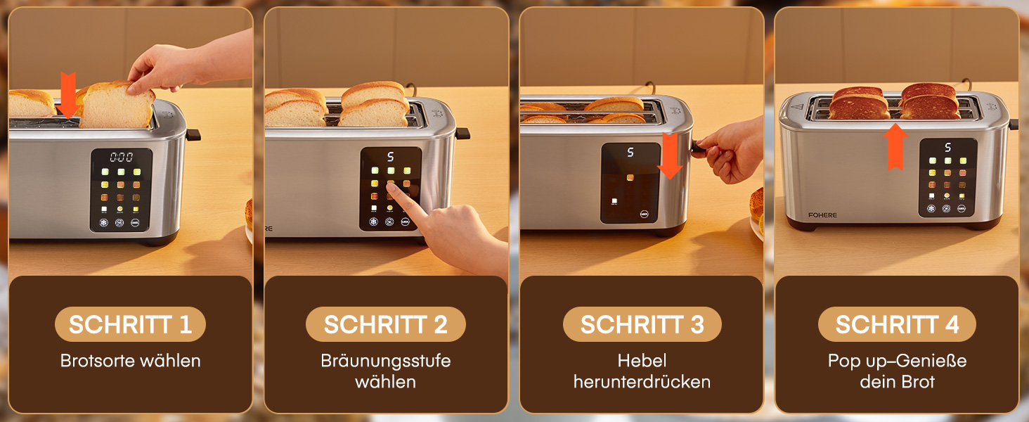 Тостер 4-х секційний, 1400W, нержавіюча сталь, довгий проріз, 9 налаштувань підсмажування, 3 види хліба, функція відміни, розморожування, підігріву, сенсорне керування, з підставою для булок, сріблястий