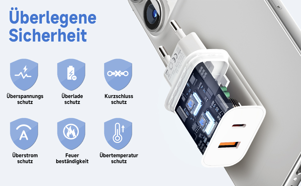 Зарядний пристрій 2 в 1 USB-C 20W, 2 порти (USB-C/USB-A) для iPhone 17 Pro Max/16/15/14/13/12, Galaxy, iPad - кабель Type-C 2м, блакитний (2 шт)