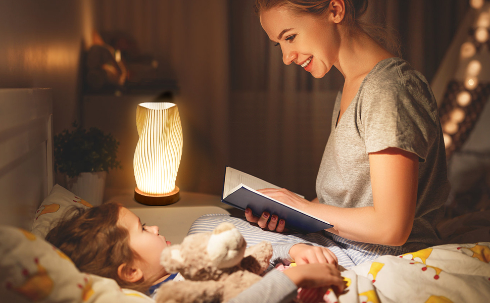 Нічна лампа Focenat з дерев'яним цоколем, 9-рівнів регулювання яскравості, мінімалістична лампа з абажуром з PLA, невелика лампа з кабелем, для спальні, вітальні