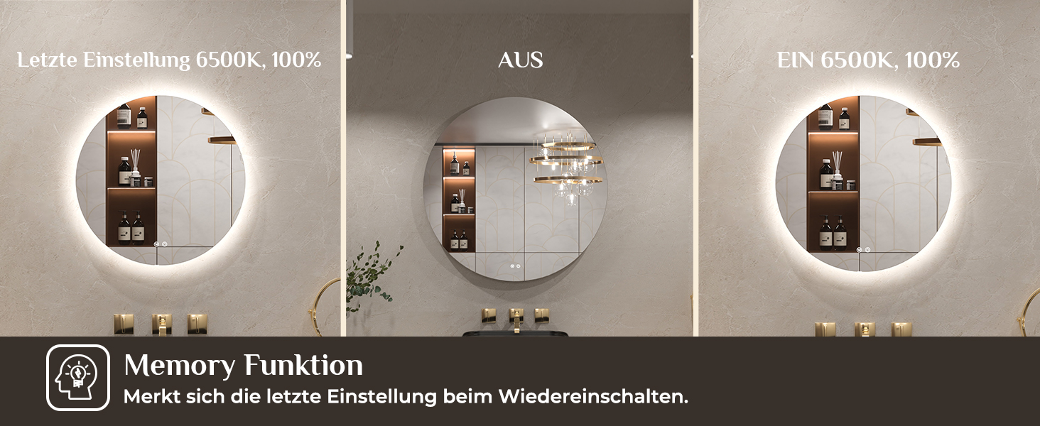 Дзеркало для ванної кімнати Keonjinn кругле, 60см з підсвічуванням, антизапар, сенсорне управління, пам'ять, 3 кольори світла, регулювання яскравості, LED, без рамки