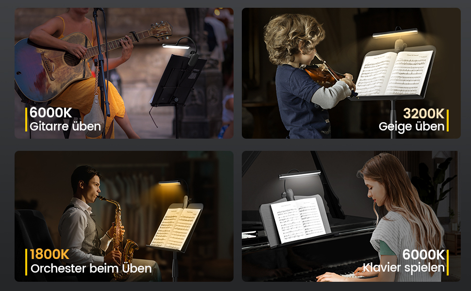 Світлодіодна лампа для нот Glocusent 81 LED: кліпса на пюпітр, 3 кольори, 5 рівнів яскравості, USB-C, до 140 годин, для піаніно, чорна