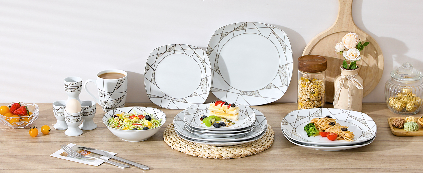 Набір посуду VEWEET 'Serena' з порцеляни, 24 елементи | 6 тарілок для сніданку, десерту, обіду та супу | Сервіз для 6 осіб, ресторану, сім'ї (білий)