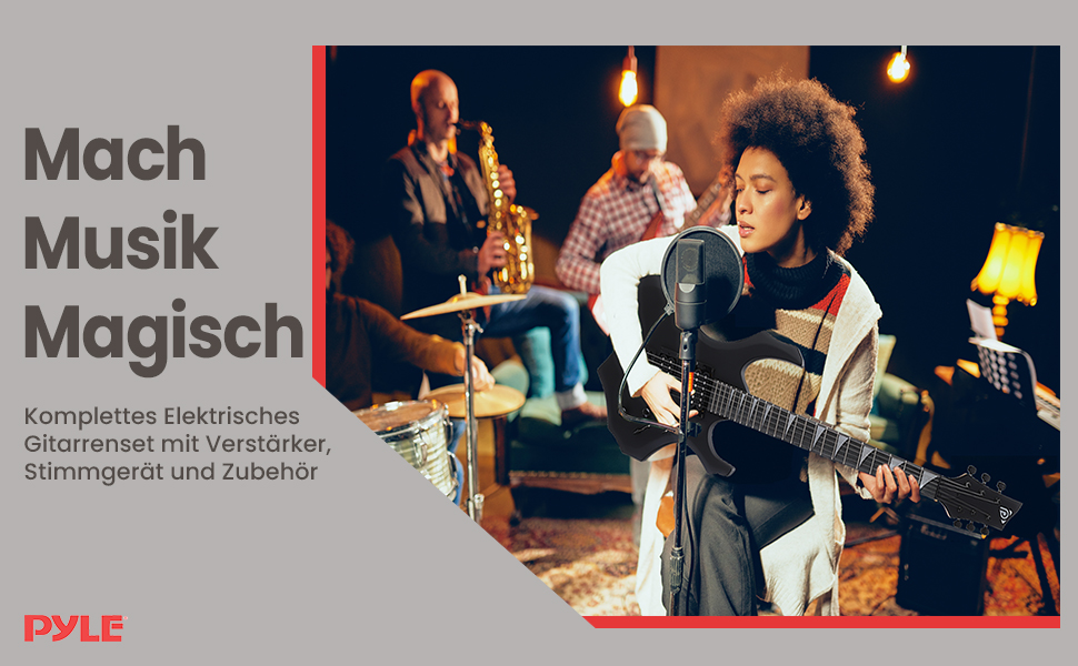 Електрогітара Pyle E – Комплект для гітари з підсилювачем, чохлом, струнами, ременем, тюнером та кабелем, для важкого металу та подорожей, чорна
