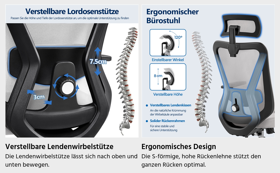 Офісне крісло Yaheetech з регульованою підголівником та підтримкою попереку, дихаюча сітчаста спинка, широке сидіння, S-подібна спинка, поворот на 360°, сірий колір