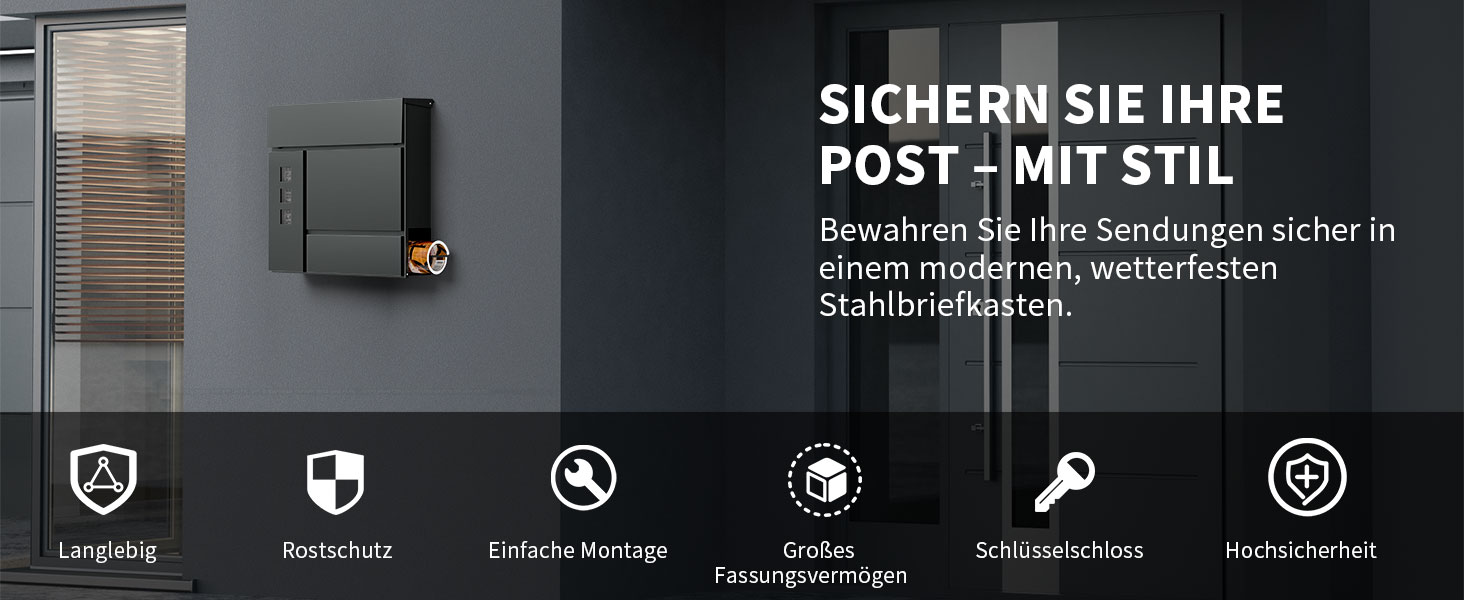 Поштовий ящик антрацит з гравіюванням, персоналізований, 2-в-1, нержавіюча сталь, з табличкою для імені та номера будинку, газетний відсік, подвійний (L)