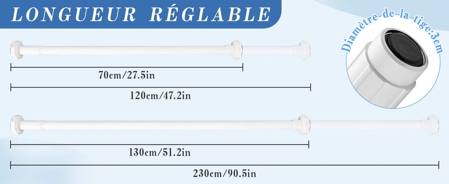 Регульована телескопічна штанга DEWEL для карнизів, душових кабін, без свердління, для штор, спальні, ванна кімната (діаметр 3см, 70-120см, білий)