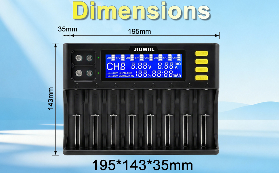 Зарядний пристрій JIUWIIL для акумуляторів 18650, Li-Ion/LiFePO4 (8+2 слоти) з LCD-дисплеєм – швидка зарядка 26650, 17500, 16340, 14500, 10440, 9V