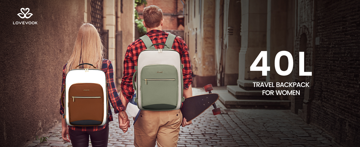 Рюкзак LOVEVOOK для ручної поклажі літака, 40L, водонепроникний, з відділенням для ноутбука 17 дюймів, для подорожей, школи, роботи, кемпінгу (зелений + бежевий + чорна шкіра)