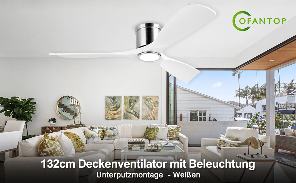 Стеляний вентилятор з підсвічуванням та пультом керування, 132 см, білий матовий, DC-двигун, сумісний з Alexa/Google Home