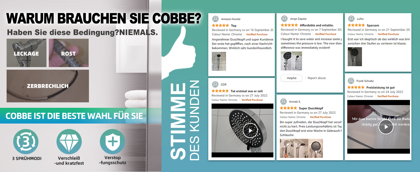 Насадка для душу Cobbe - економна, з шлангом, велика дощова насадка, підвищує тиск води, 3 режими, чорний/хром