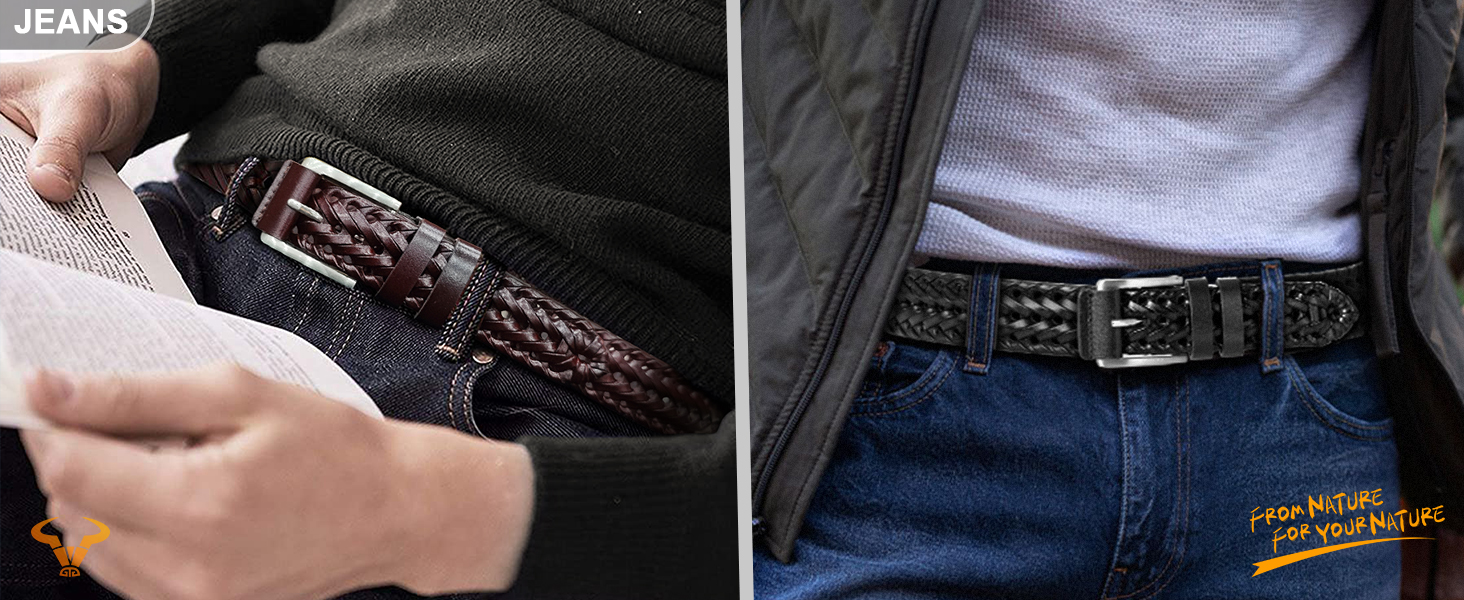 Чоловічі ремені BULLIANT 2 шт. в наборі, плетені шкіряні ремені для гольфу, повсякденного носіння та джинсів, 3,5 см, регульована довжина 120 см (36'-40'), чорний/світло-коричневий, 8115