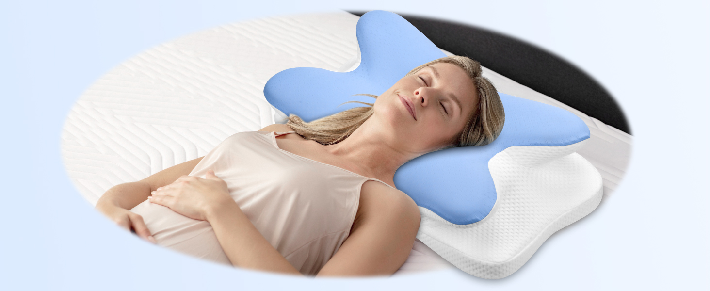 Подушка для шиї Ehomfory з Memory Foam, ергономічна для сну на боці, спині та животі, 67x37x9/12 см (Синя)