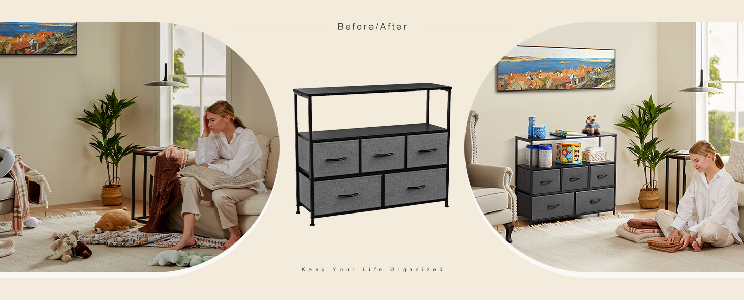 DUMOS Chest of Drawers with Drawers - Chests of Drawers & Sideboards for Bedrooms. Suitable, Chest of Drawers with 9 Drawers, Fabric Chest of Drawers with Sturdy Steel Frame, Ideal for Bedrooms, Living Rooms (Black) (5 TV Drawers Gray)
