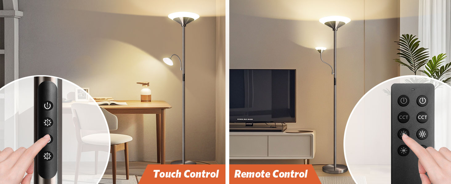 LED торшер BBHome для вітальні з регулюванням яскравості та лампою для читання, 3000K-6500K, з пультом та сенсором, срібний