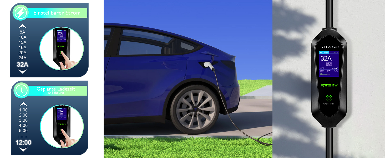 Мобільна зарядка для електромобіля 7kW CEE 32A, кабель Type 2, 5м, 1-фазна, 8-32A, з цифровим дисплеєм