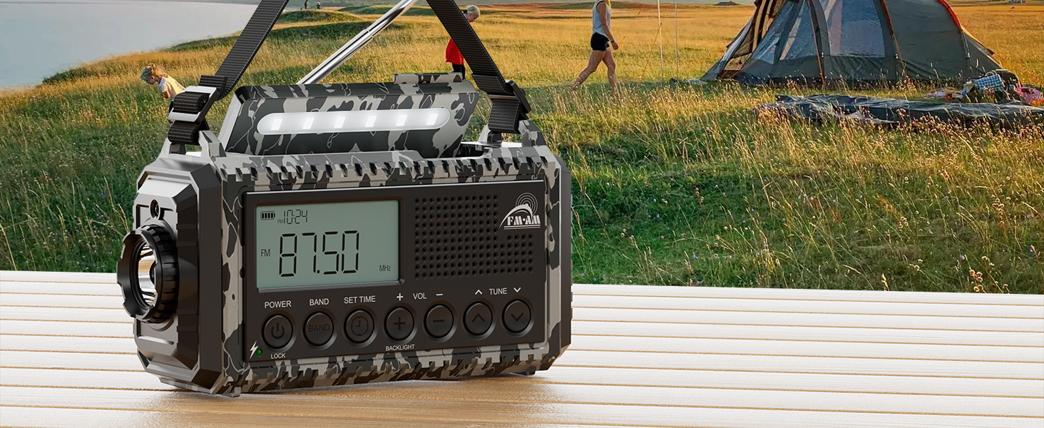 Радіоприймач AM/FM/SW для будівельних майданчиків, радіо з ручним приводом та світовим приймачем, радіо для надзвичайних ситуацій з роз'ємом Type C, Powerbank/SOS-сигнал/ліхтарик/лампа для читання/IPX4, портативне радіо для активного відпочинку, піших прогулянок, кемпінгу та будівництва (FM радіо, сірий камуфляж)