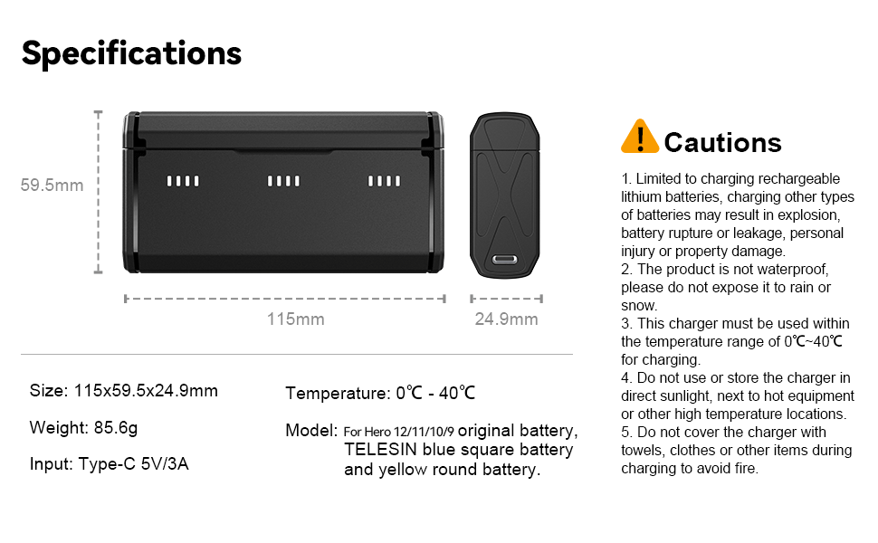 Зарядний пристрій для GoPro Hero 12/11/10/9 від Telesin: 3 слоти, 2 слоти TF-картки, портативний, з індикатором заряду