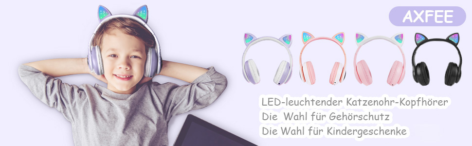 Дитячі навушники AXFEE з Bluetooth, Over-Ear, котячі вушка, LED-підсвітка, мікрофон, Micro SD/TF, рожеві