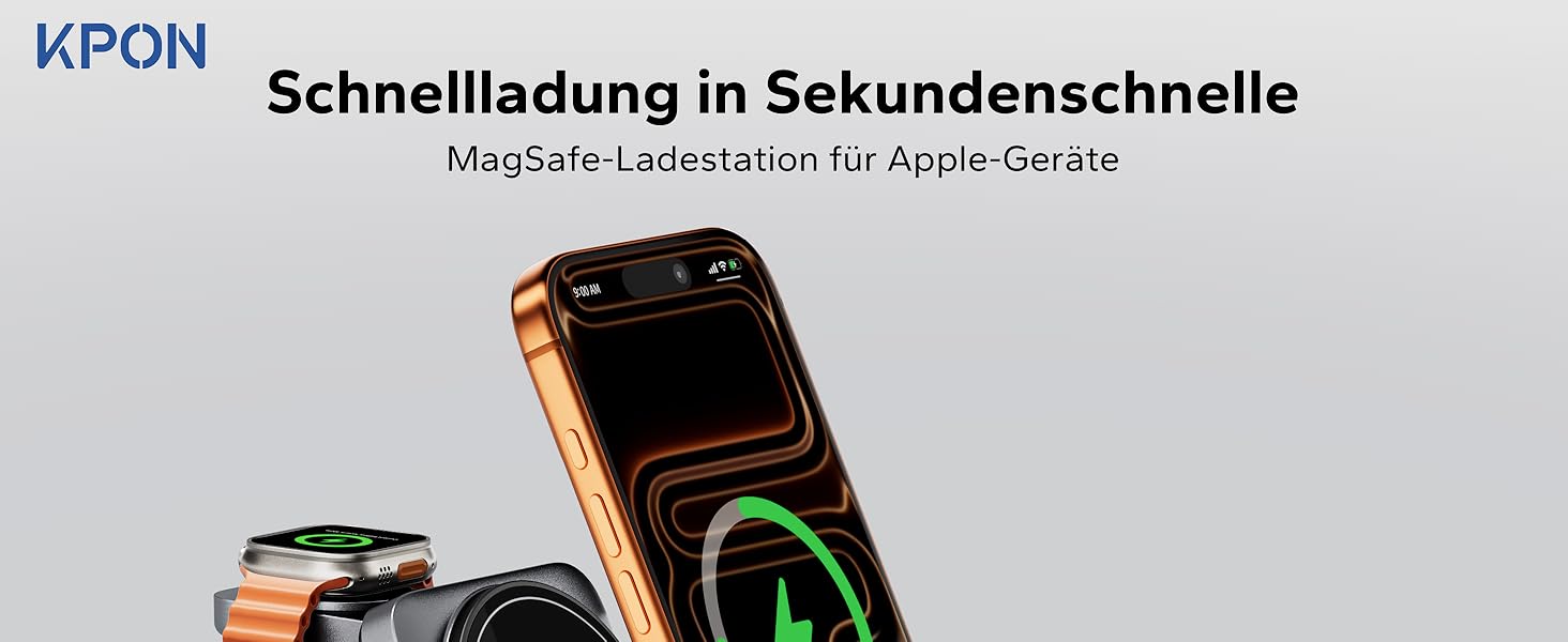 KPON Станція зарядки MagSafe для Apple Watch та iPhone, 3 в 1. Швидка зарядка для iPhone 12-17, Apple Watch 11-2, AirPods. Підходить для подорожей та офісу. В комплекті адаптер 20W.