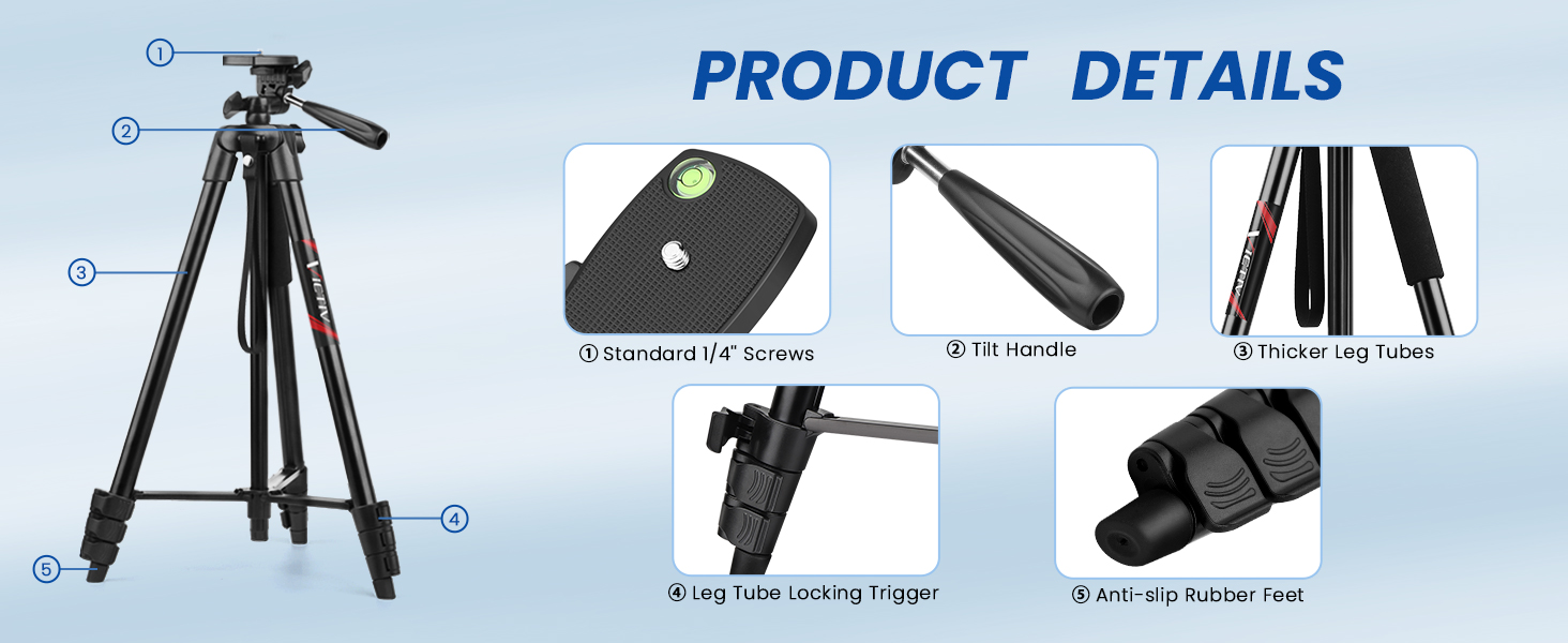 Штатив Victiv 162 см: розширюваний штатив з пультом для iPhone/Samsung/Huawei, для смартфонів та легких камер, 3-х стороння головка