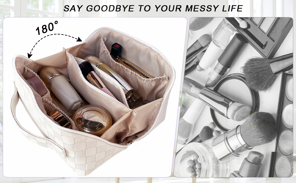 Косметичка для подорожей для жінок з великим об'ємом, водонепроникна, з перегородками, органайзер (кремовий абрикосовий)