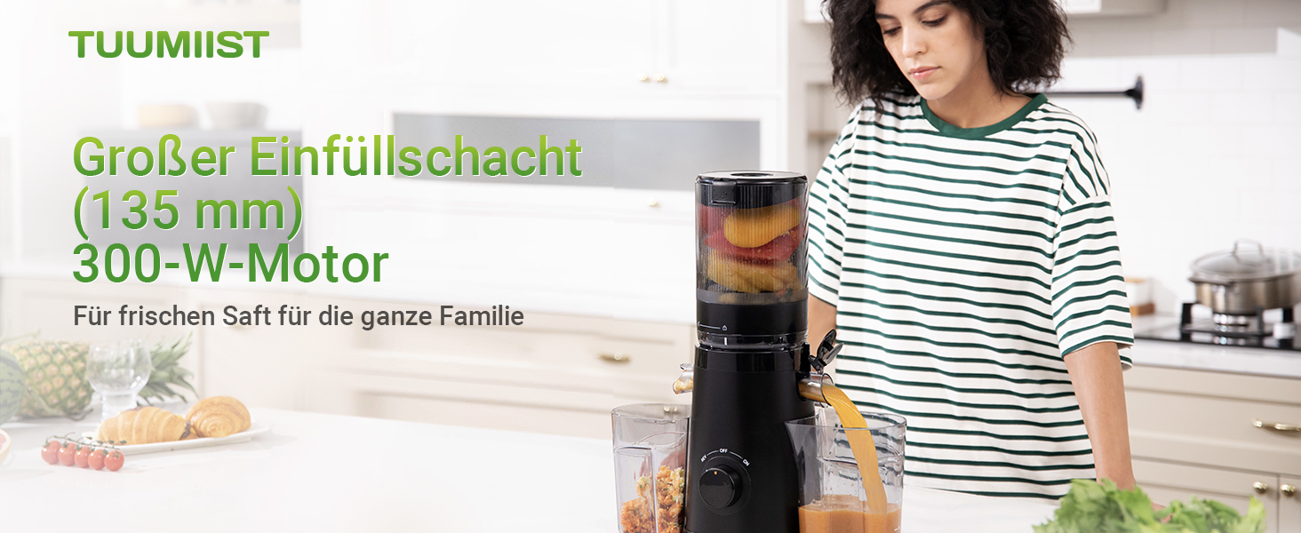 Шнекова соковижималка TUUMIIST Slow Juicer для цілих фруктів та овочів, 1.8 л, глянцевий чорний, 135 мм
