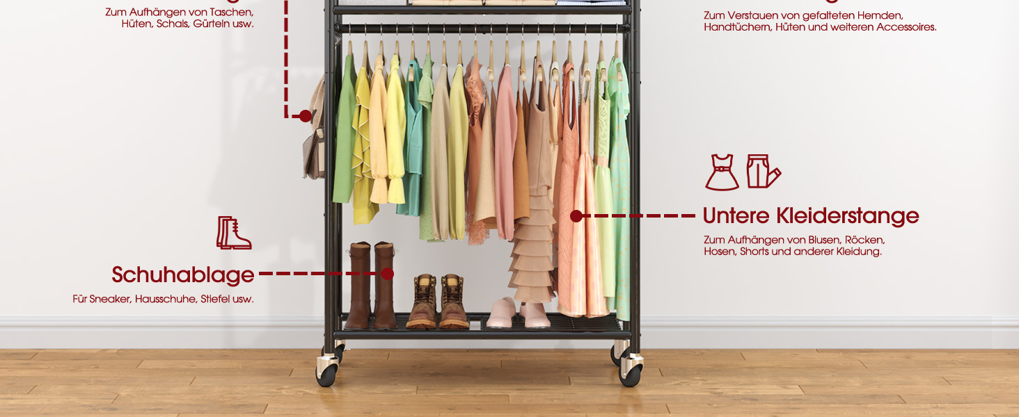 Стійка для одягу на колесах з полицями та гачками, металева, 84 x 31 x 202 см, чорна