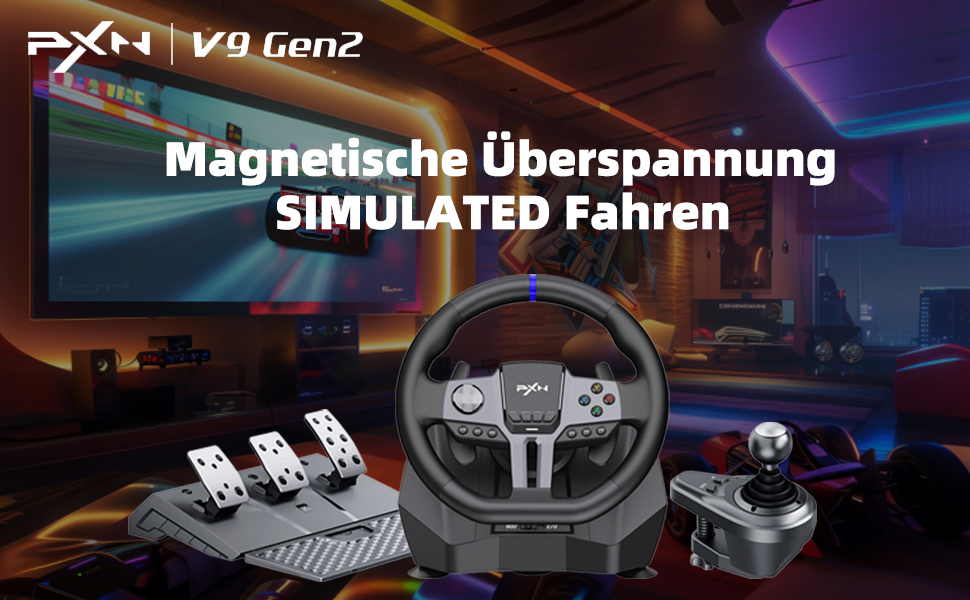 PXN V9 Gen2 Руль для ПК з педалями та перемикачем передач, 270/900° оберт, Магнітний енкодер, Датчик Hall Effect, сумісний з PC, PS4, Xbox One, Xbox Series X|S