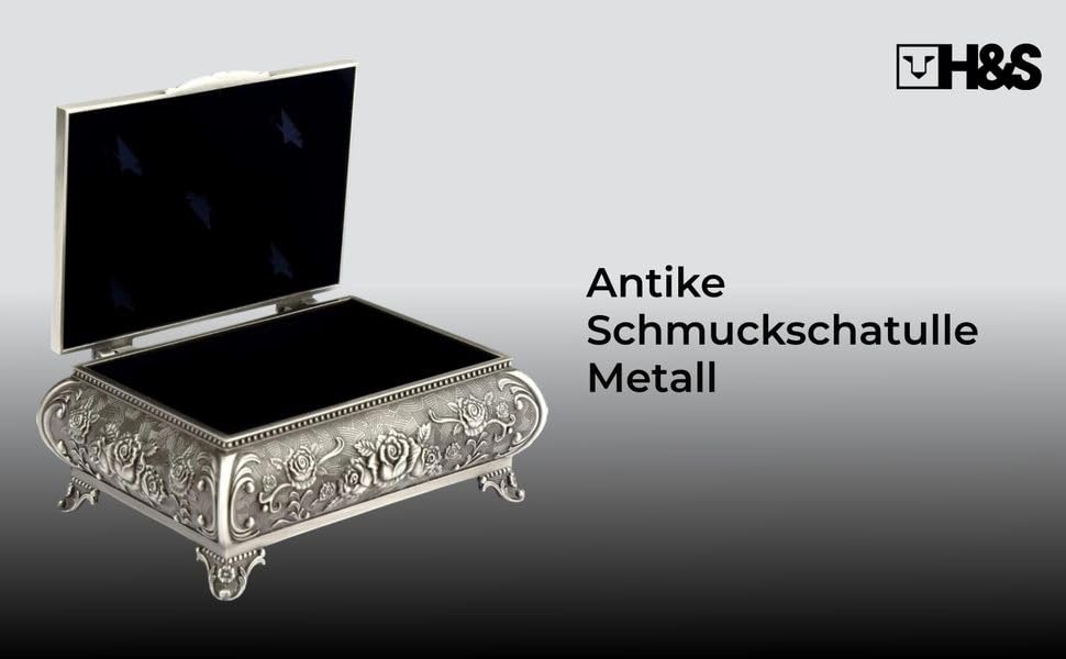 Скринька для прикрас H&S Silber Antik - Ретро скринька для намист та кілець з гравіюванням та м'якою оксамитовою підкладкою - Металева скринька в стилі антик, декор