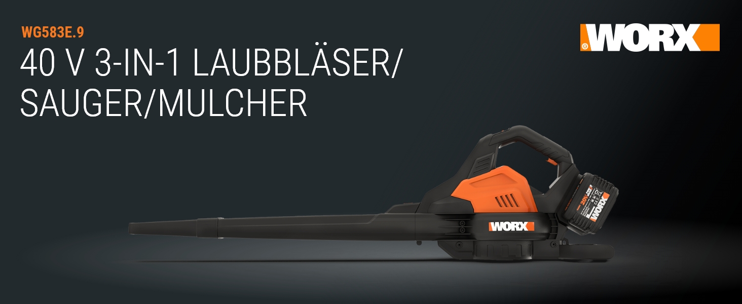 Акумуляторний повітродув та пилосос WORX WG583E.9 40В (2x20В), 2-в-1 для збору та всмоктування листя, мішок 35 л, без акумулятора і зарядного, чорний/помаранчевий
