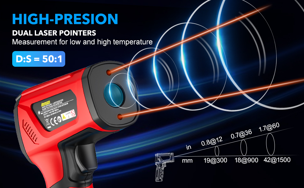 Інфрачервоний термометр MESTEK: цифровий лазерний пірометр з K-зондом (-50°C ~ 800°C) з безконтактним вимірюванням, LCD-дисплеєм, функцією оповіщення та регулюванням коефіцієнта випромінювання. Підходить для кухні, гриля та автомобіля.