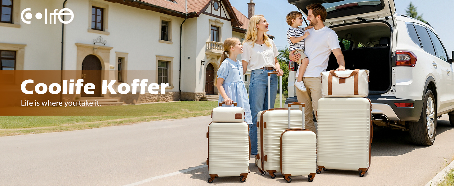 Набір валіз COOLIFE 6 шт: дорожній набір 16', 20', 24', 28' + сумка для подорожей та туалетна сумка | ABS, 360° колеса, TSA-замок для Європи, круїзів та навчання за кордоном – необхідний дорожній набір для сімейного відпочинку, білий/коричневий